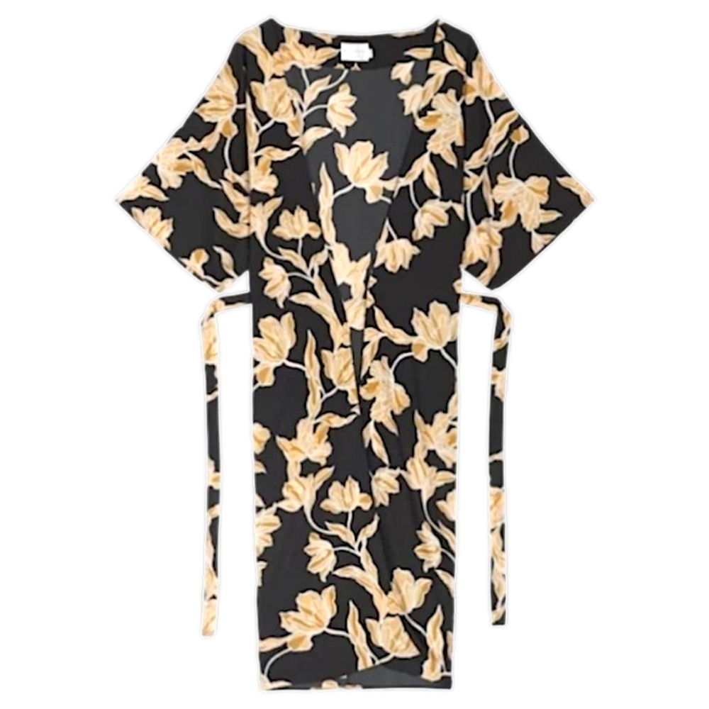 MAISON DU SOIR "Selene" Floral Short Kimono Robe Black Golden L/XL
